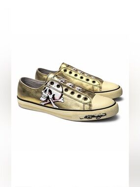 Ed Hardy Gold Skull Leather Sneakers | Y2K Punk Streetwear Rare Size 12